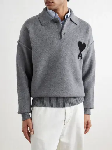 AMI PARIS Logo-Intarsia Wool Polo Sweater - Men | Thumbnail 3 AMI PARIS Logo-Intarsia Wool Polo Sweater - Men | Thumbnail 3