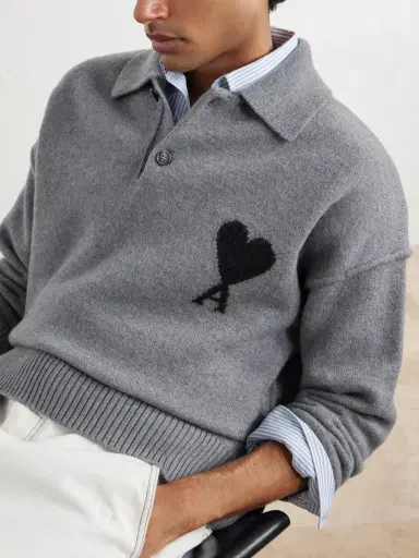 AMI PARIS Logo-Intarsia Wool Polo Sweater - Men | Thumbnail 5 AMI PARIS Logo-Intarsia Wool Polo Sweater - Men | Thumbnail 5