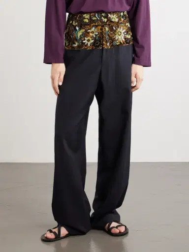 Dries Van Noten Wide-Leg Embellished Velvet-Trimmed Wool and Cotton-Blend Gabardine Trousers - Men | Thumbnail 3