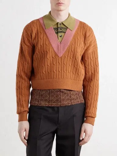Dries Van Noten Jacquard-Trimmed Cable-Knit Wool and Cotton-Blend Sweater - Men | Thumbnail 3