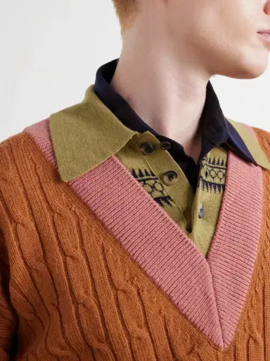 Dries Van Noten Jacquard-Trimmed Cable-Knit Wool and Cotton-Blend Sweater - Men | Thumbnail 5