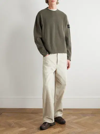 Stone Island Logo-Appliquéd Grosgrain-Trimmed Garment-Dyed Ribbed Wool-Blend Sweatshirt - Men | Thumbnail 2 Stone Island Logo-Appliquéd Grosgrain-Trimmed Garment-Dyed Ribbed Wool-Blend Sweatshirt - Men | Thumbnail 2
