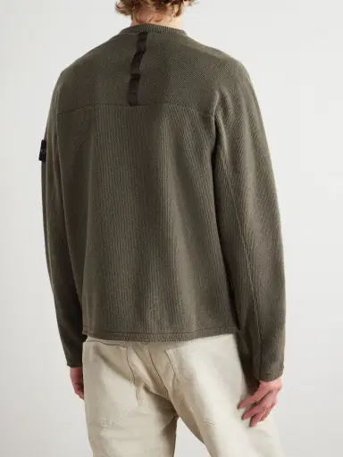 Stone Island Logo-Appliquéd Grosgrain-Trimmed Garment-Dyed Ribbed Wool-Blend Sweatshirt - Men | Thumbnail 3 Stone Island Logo-Appliquéd Grosgrain-Trimmed Garment-Dyed Ribbed Wool-Blend Sweatshirt - Men | Thumbnail 3