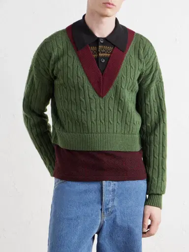 Dries Van Noten Jacquard-Trimmed Cable-Knit Wool and Cotton-Blend Sweater - Men | Thumbnail 3