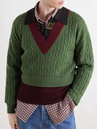 Dries Van Noten Jacquard-Trimmed Cable-Knit Wool and Cotton-Blend Sweater - Men | Thumbnail 5