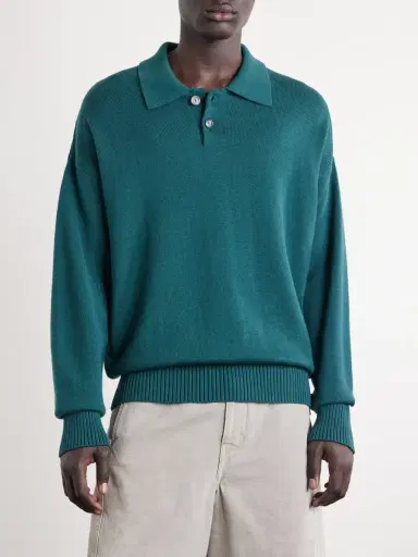 AMI PARIS Knitted Wool and Cotton-Blend Polo Sweater - Men | Thumbnail 3 AMI PARIS Knitted Wool and Cotton-Blend Polo Sweater - Men | Thumbnail 3