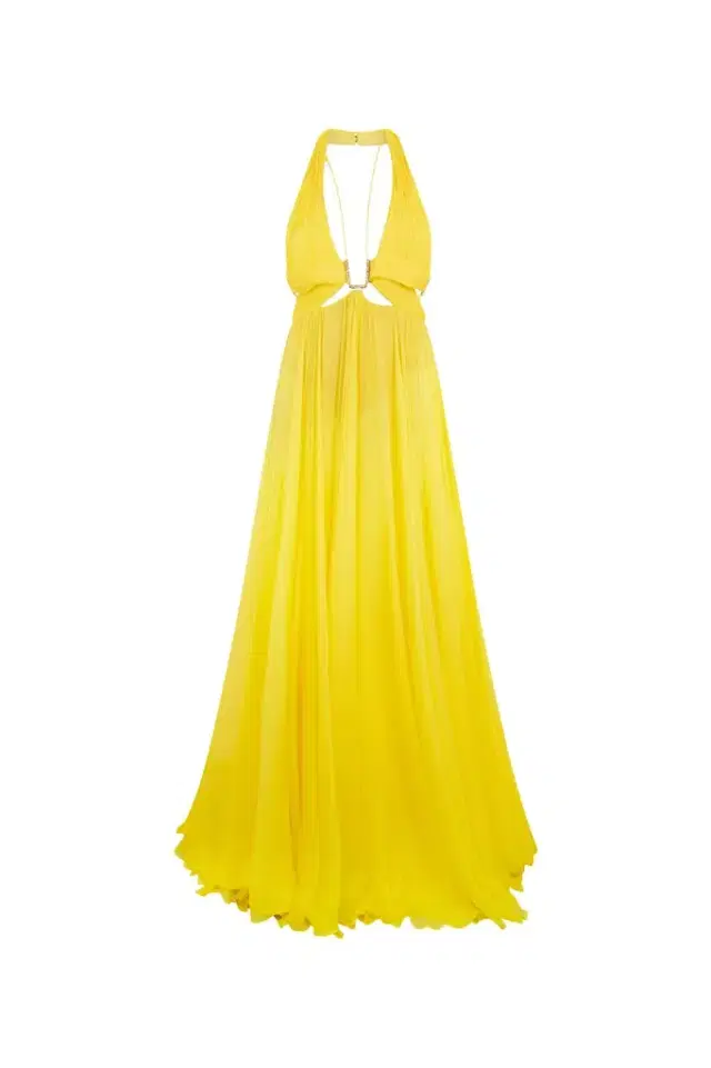 Roberto Cavalli Yellow Silk Maxi Dress with Cut-Outs