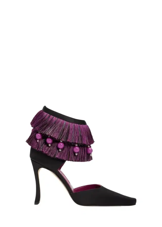 Manolo Blahnik 105mm Sorolla Satin Fringe Ankle-Strap Pumps