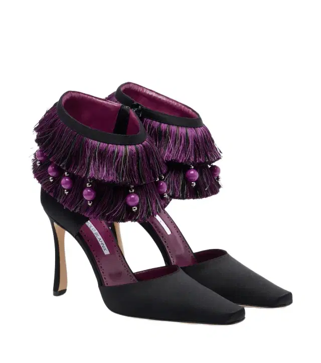 Manolo Blahnik Sorolla embellished fringed satin pumps