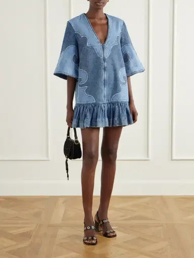 ALÉMAIS Jesse Ruffled Embroidered Denim Mini Dress | Thumbnail 2 ALÉMAIS Jesse Ruffled Embroidered Denim Mini Dress | Thumbnail 2