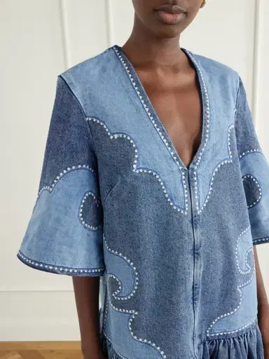 ALÉMAIS Jesse Ruffled Embroidered Denim Mini Dress | Thumbnail 4 ALÉMAIS Jesse Ruffled Embroidered Denim Mini Dress | Thumbnail 4