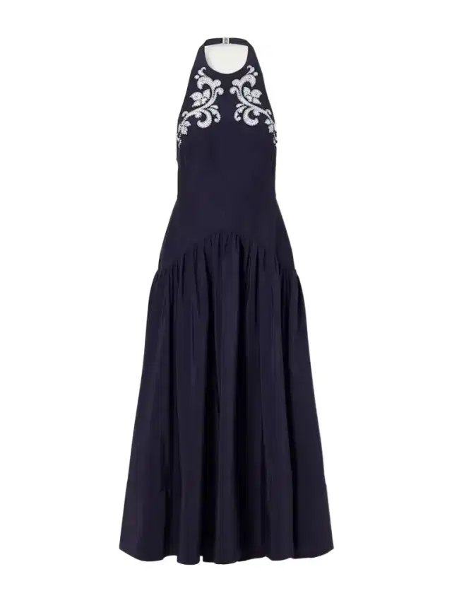 ALÉMAIS Dillon Crystal-embellished Appliquéd Embroidered Cotton-blend Poplin Halterneck Maxi Dress