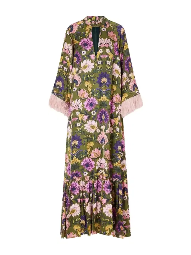 Borgo de Nor Avalon Feather-trimmed Printed Satin Maxi Dress