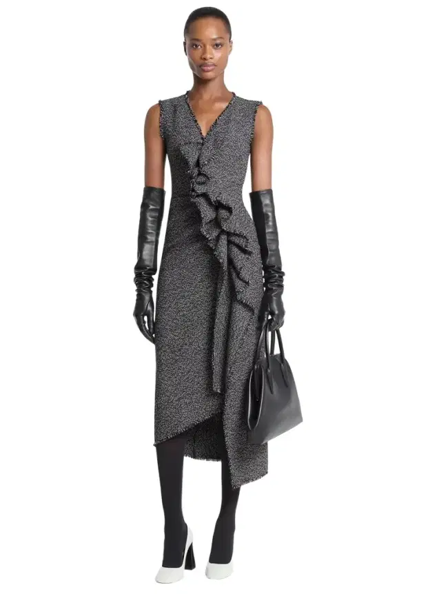 Frayed Crosshatch Tweed Sheath Dress in Black