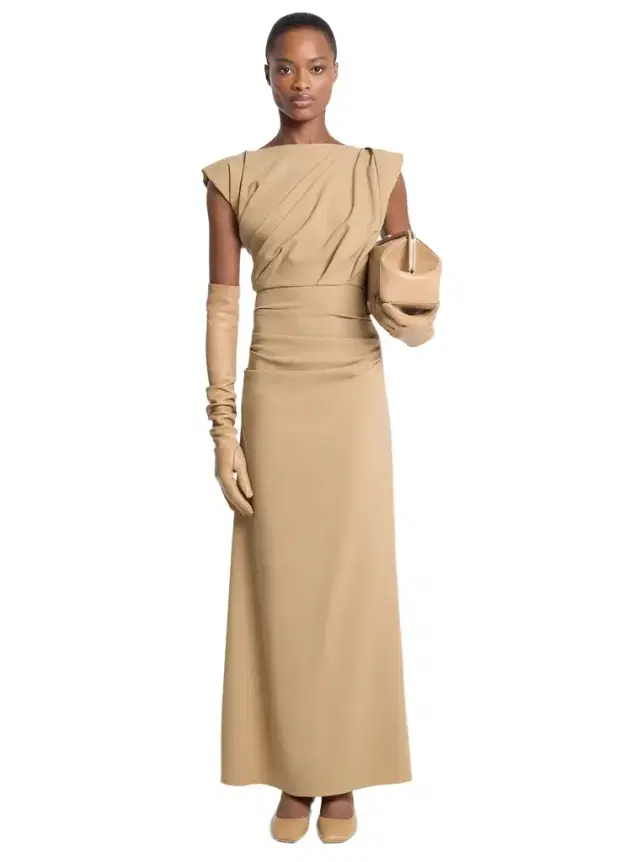 Michael Kors Collection Stretch Wool Crepe Draped Column Gown in Natural