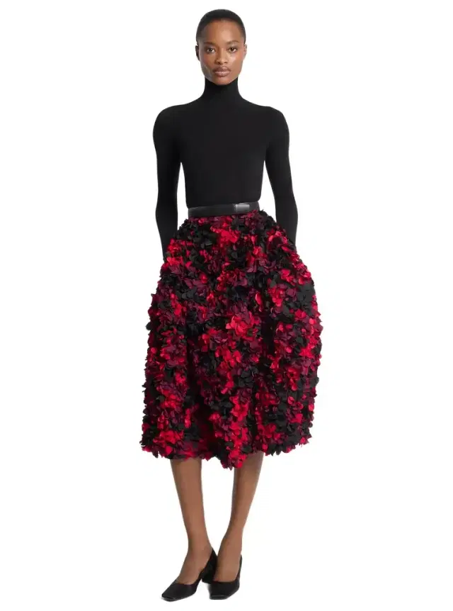 Hand-Embroidered Petal Silk-and-Wool Mikado Skirt in