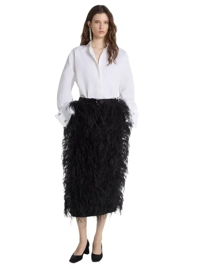 Hand-Embroidered Feather Wool Gabardine Trouser Skirt in