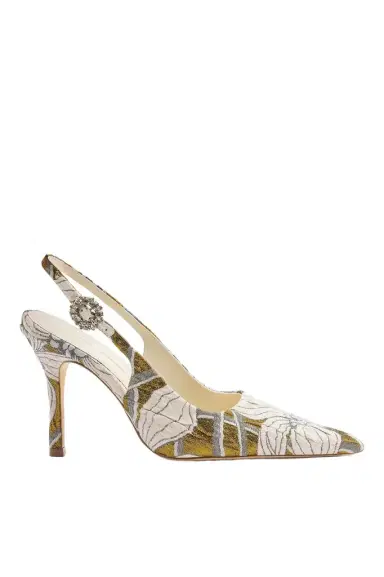 Markarian Larroudé by Markarian: Carine Pump Gold Floral Jacquard | Thumbnail 1 Markarian Larroudé by Markarian: Carine Pump Gold Floral Jacquard | Thumbnail 1