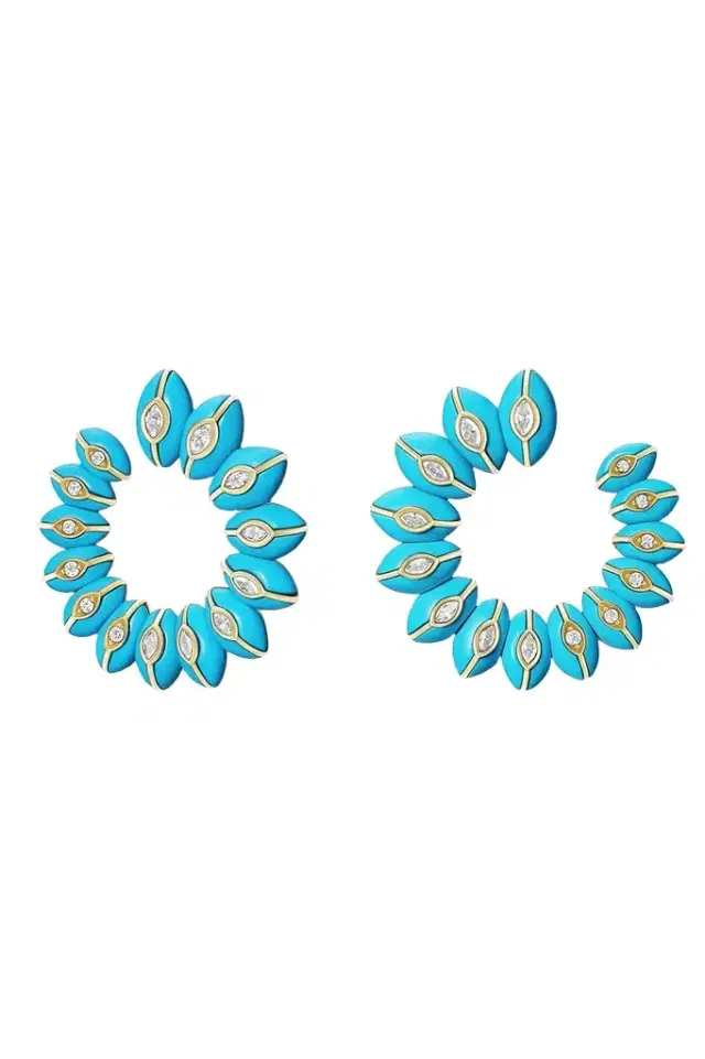 Sorellina Turquoise Diamond Bloom Crescent Hoop Earrings