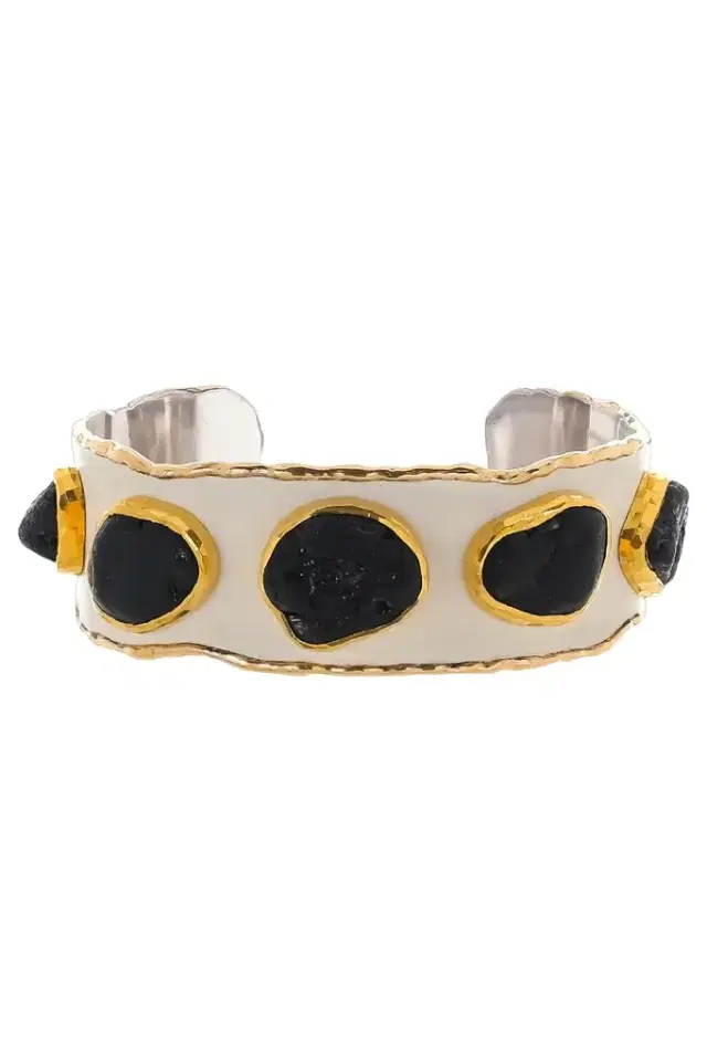 Black Tourmaline White Enamel Cuff Bracelet Black Tourmaline White Enamel Cuff Bracelet