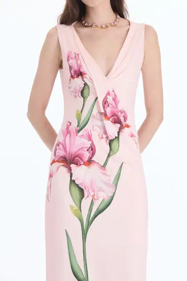 Oscar de la Renta Sleeveless Draped Painted Iris Day Dress | Thumbnail 2