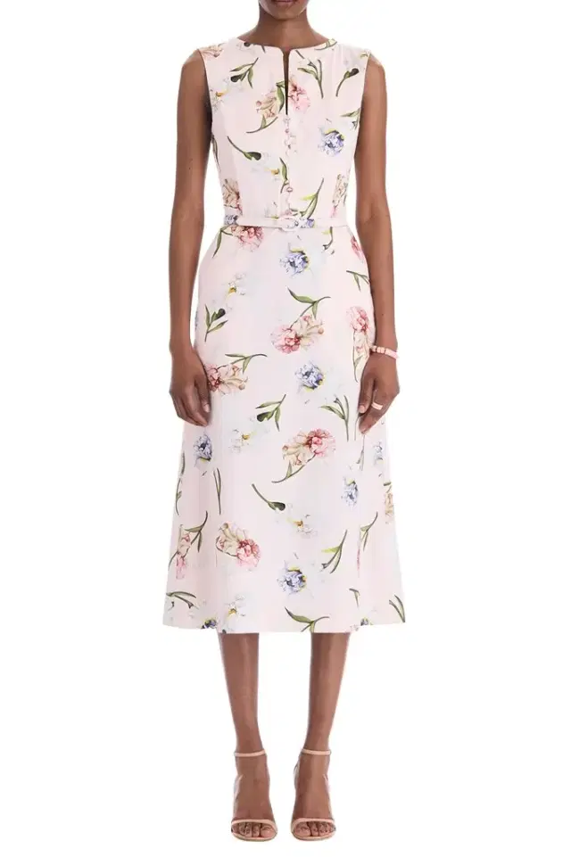 Oscar de la Renta Sleeveless Painted Iris Poplin Day Dress
