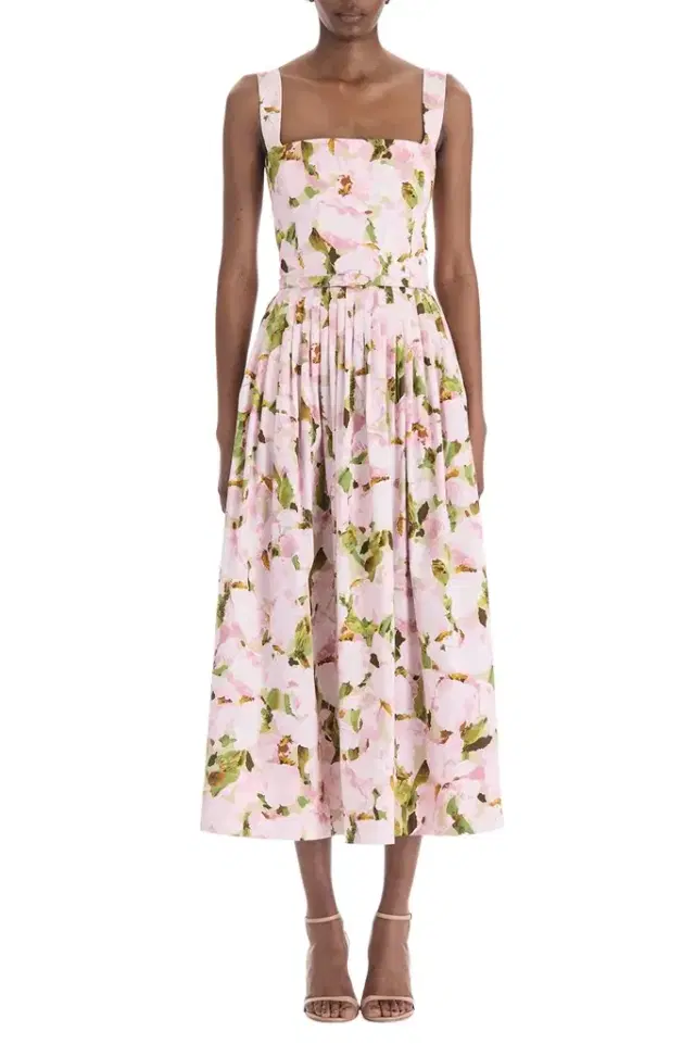 Oscar de la Renta Sleeveless Watercolor Iris Poplin Day Dress