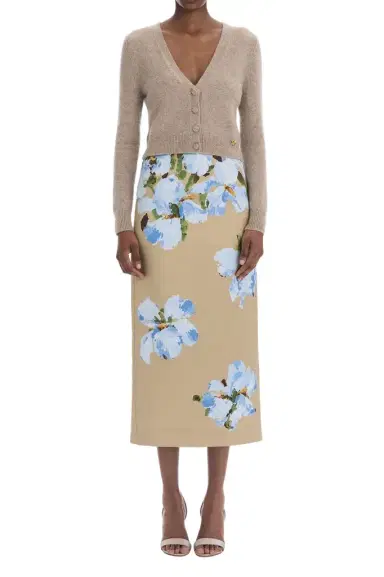 Oscar de la Renta Watercolor Iris Satin Pencil Skirt | Thumbnail 1