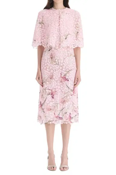 Oscar de la Renta Cape Sleeve Painted Iris Lace Day Dress | Thumbnail 1 Oscar de la Renta Cape Sleeve Painted Iris Lace Day Dress | Thumbnail 1