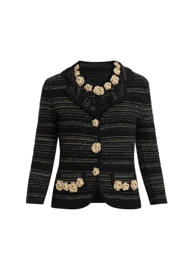 Rickie Freeman for Teri Jon Crochet Floral Applique Striped Knit Jacket