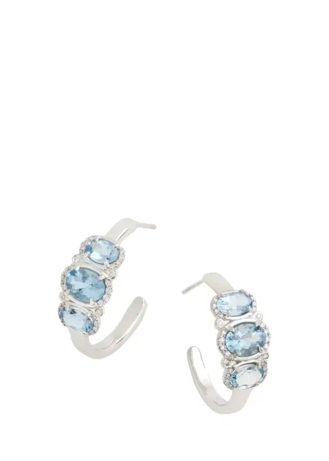 Jamie Wolf 18K White Gold 3-Stone Aquamarine and Diamond Hoop Earrings