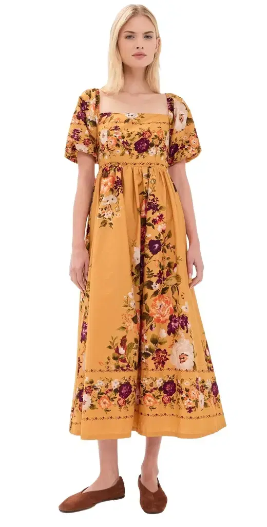 Moon River Puff Sleeve Square Neck Midi Dress