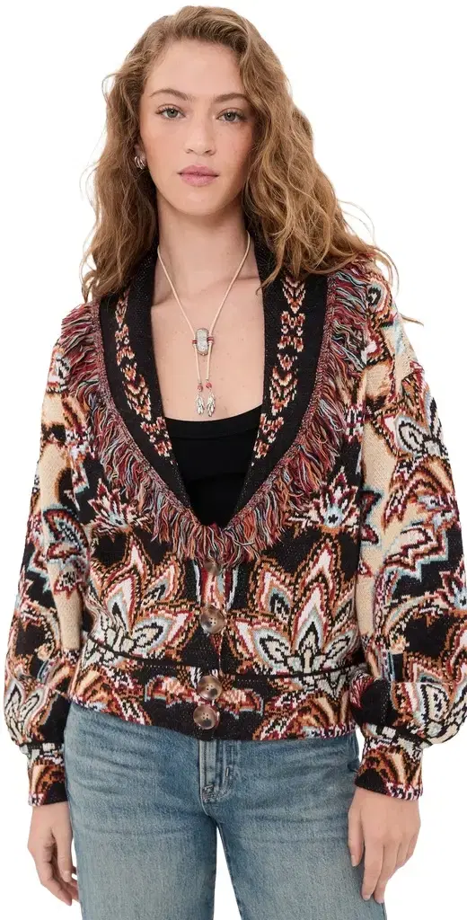 Farm Rio Tapestry Knit Fringe Cardigan