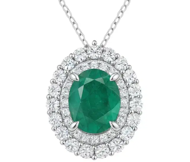 2.21ct Diamond Emerald 18K Gold Halo Pendant Chain Necklace 2.21ct Diamond Emerald 18K Gold Halo Pendant Chain Necklace