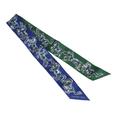HERMÈS Hermes "Chevaux En Liberte" Bleu Roy, Blanc, Vert Multi Silk Twilly Pair | Thumbnail 2