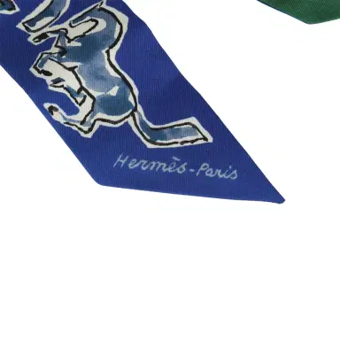 HERMÈS Hermes "Chevaux En Liberte" Bleu Roy, Blanc, Vert Multi Silk Twilly Pair | Thumbnail 3