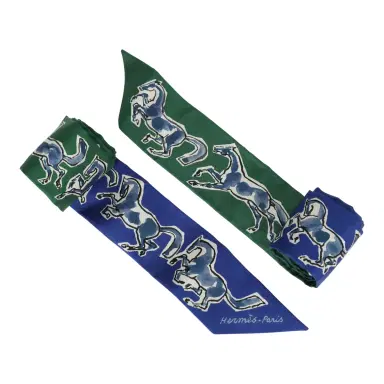 HERMÈS Hermes "Chevaux En Liberte" Bleu Roy, Blanc, Vert Multi Silk Twilly Pair | Thumbnail 4