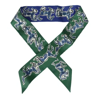 HERMÈS Hermes "Chevaux En Liberte" Bleu Roy, Blanc, Vert Multi Silk Twilly Pair | Thumbnail 1