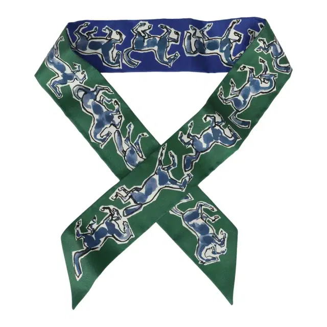 HERMÈS Hermes "Chevaux En Liberte" Bleu Roy, Blanc, Vert Multi Silk Twilly Pair