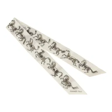 HERMÈS Hermes "Chevaux En Liberte" Bronze, Vert De Gris, Blanc Multi Silk Twilly Pair | Thumbnail 2