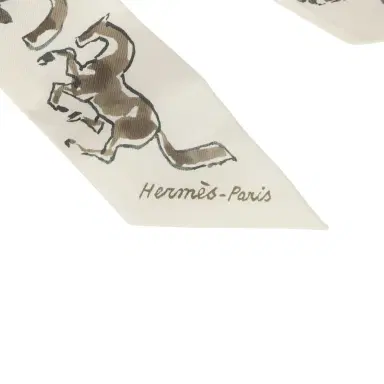 HERMÈS Hermes "Chevaux En Liberte" Bronze, Vert De Gris, Blanc Multi Silk Twilly Pair | Thumbnail 3
