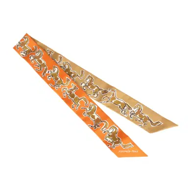 HERMÈS Hermes "Chevaux En Liberte" Orange Cuit, Beige Doré, Blanc Multi Silk Twilly Pair | Thumbnail 2