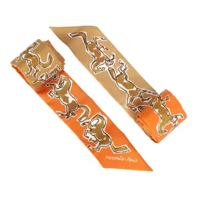 HERMÈS Hermes "Chevaux En Liberte" Orange Cuit, Beige Doré, Blanc Multi Silk Twilly Pair | Thumbnail 3