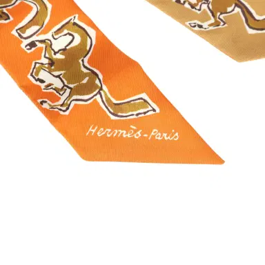 HERMÈS Hermes "Chevaux En Liberte" Orange Cuit, Beige Doré, Blanc Multi Silk Twilly Pair | Thumbnail 4