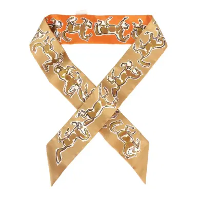 HERMÈS Hermes "Chevaux En Liberte" Orange Cuit, Beige Doré, Blanc Multi Silk Twilly Pair | Thumbnail 1