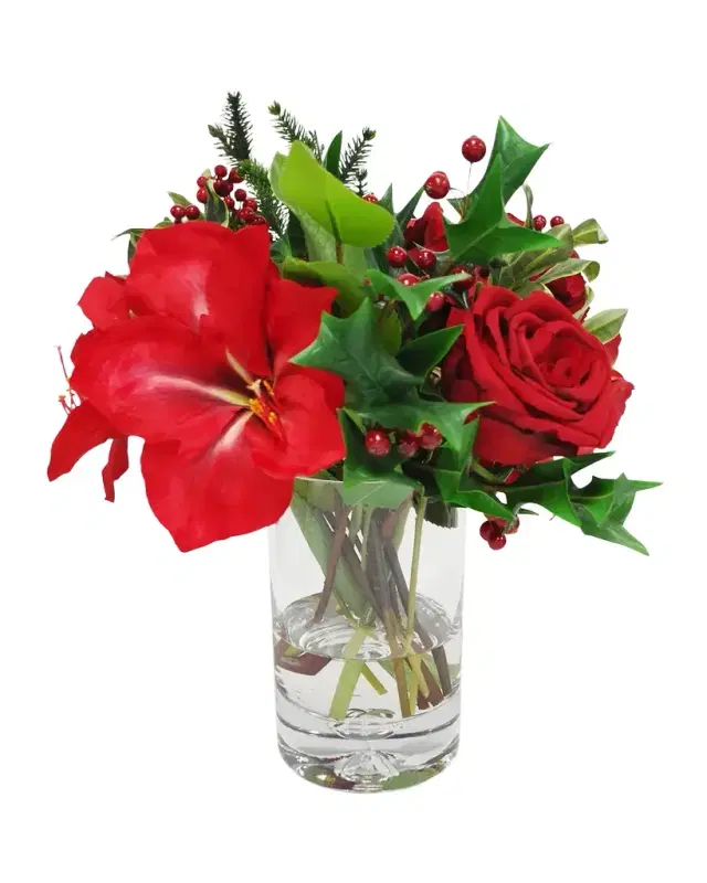 Winward Home Faux Amaryllis Rose Arrangement in Glass Vase