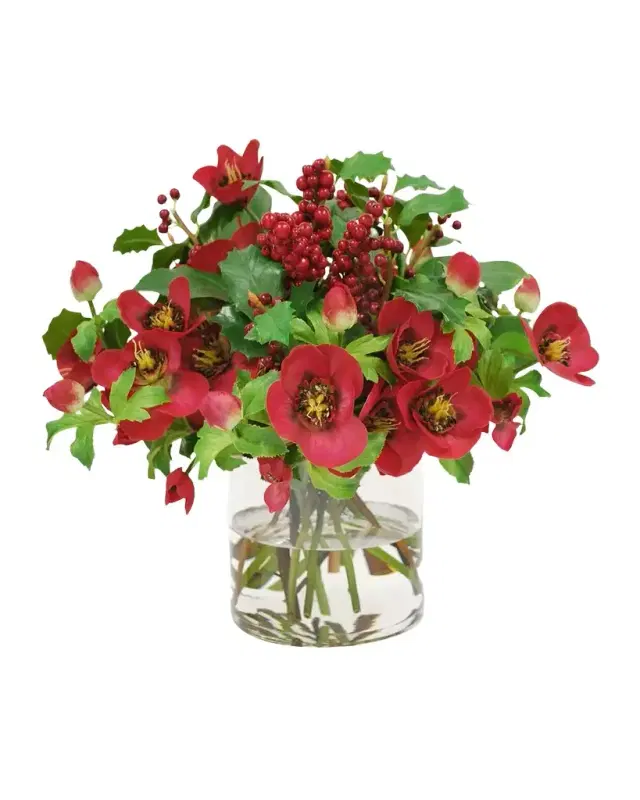 Winward Home Faux Hellebores Rose Floral Arrangement in Glass Vase