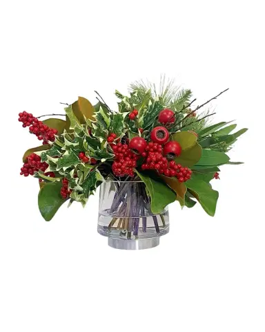 Winward Home Pine Berry 16" Faux Floral Arrangement in Glass Container | Thumbnail 1