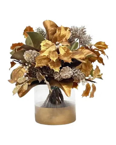 Winward Home Pine Holly 12" Faux Floral Arrangement in Golden Cylinder | Thumbnail 1