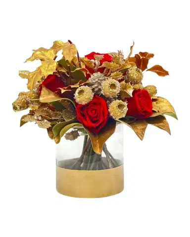 Winward Home Roses & Golden Pods 12" Faux Floral Arrangement in Glass Cylinder | Thumbnail 1 Winward Home Roses & Golden Pods 12" Faux Floral Arrangement in Glass Cylinder | Thumbnail 1